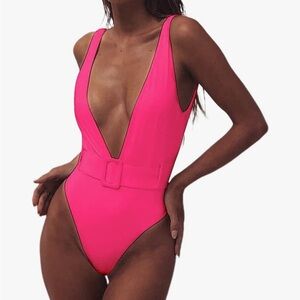 Pink Deep V Neck One Piece Swimsuit